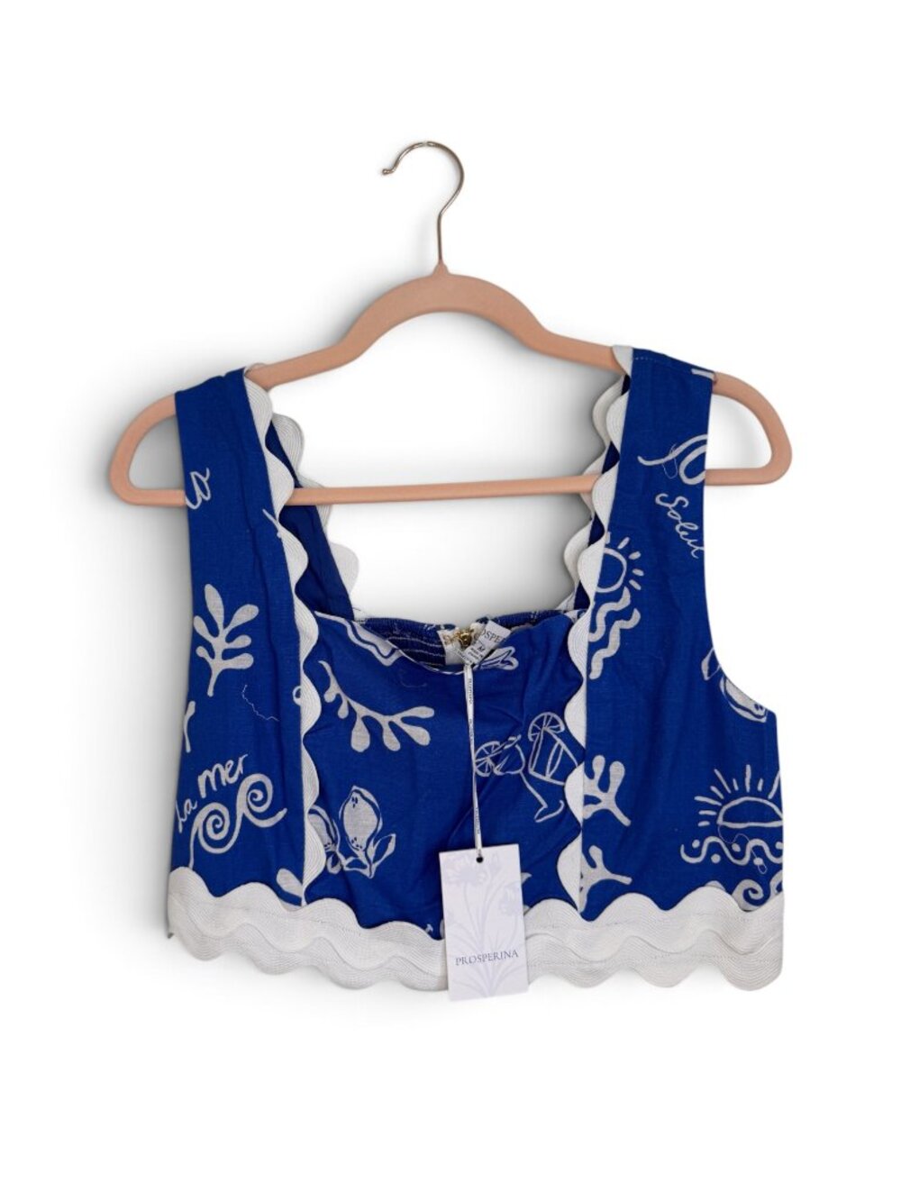 NWT Prosperina Blue Linen Blend Ricrac Coastal Crop Top- M- Blue/White- MSRP $98